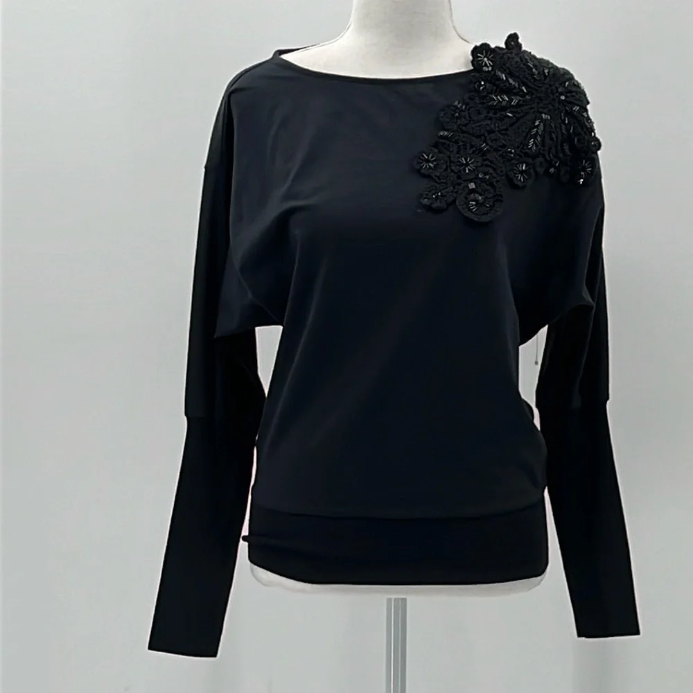 Anteprima Macrame & Beads Long Sleeve Knit Top in Black - Size Small